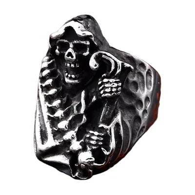 Anillo de la Parca con Calavera y Guadaña, Acero Inoxidable