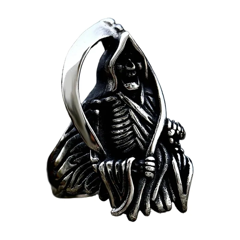 Bague Faucheuse avec Faux, Bague Crâne Gothique, Acier Inoxydable