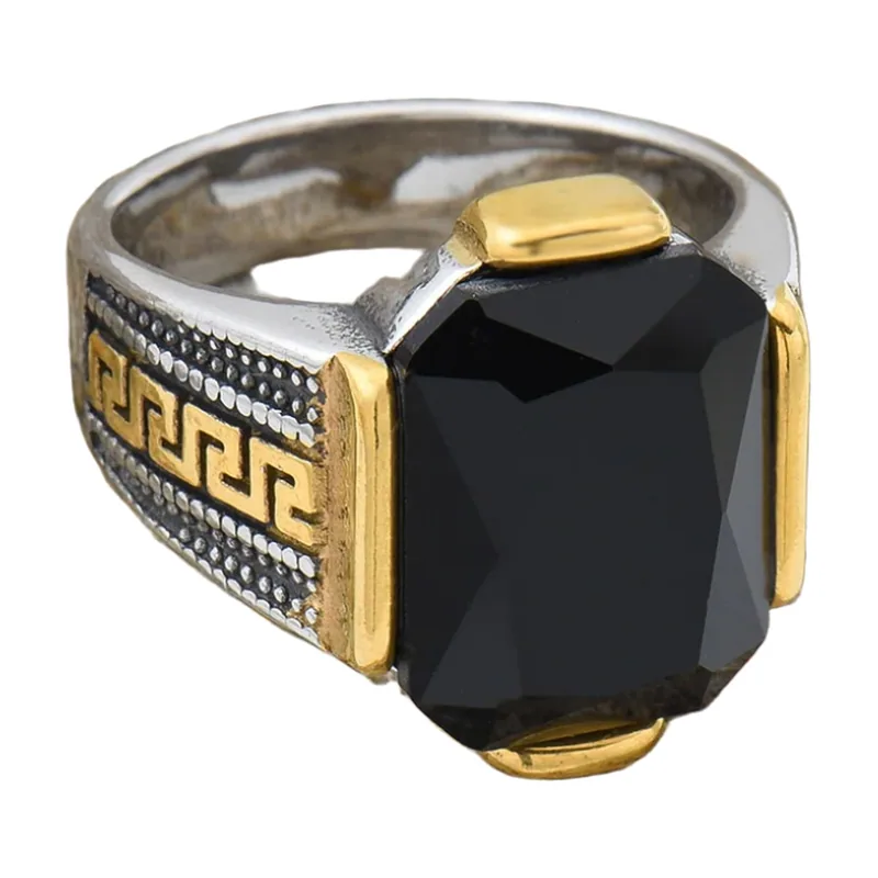 Anillo de Sello Rectangular con Piedra Negra y Greca, Acero Inoxidable