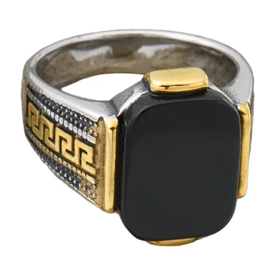 Anillo Sello Rectangular con Piedra Negra y Greca, Acero Inoxidable