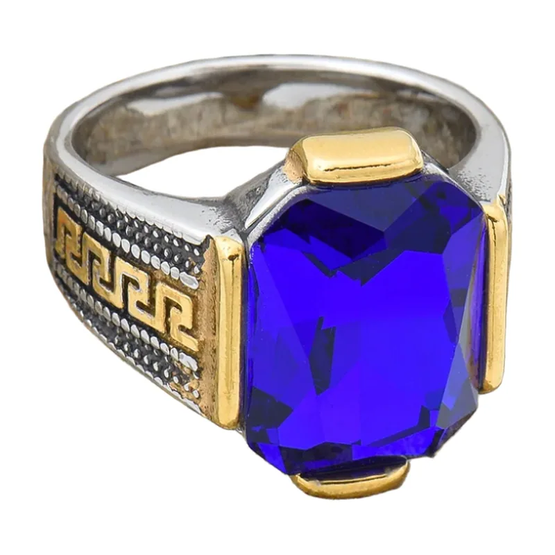 Herren Siegelring mit blauem Stein und Mäander-Muster, Edelstahl