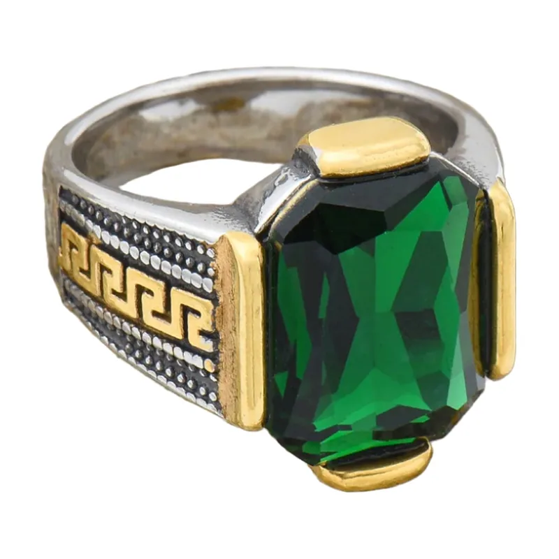 Greek Key Signet Ring with Green Stone, Stainless Steel
