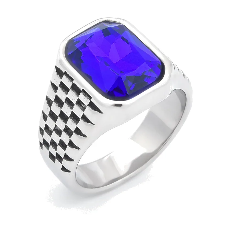 Square Signet Ring with Blue Stone, Stainless Steel