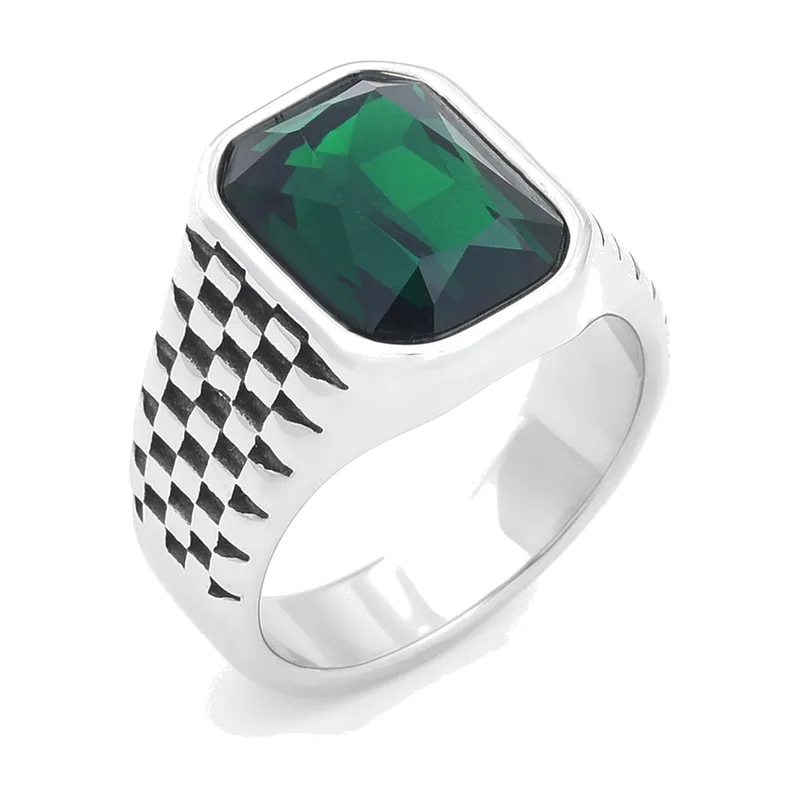 Square Signet Ring with Green Stone, Stainless Steel