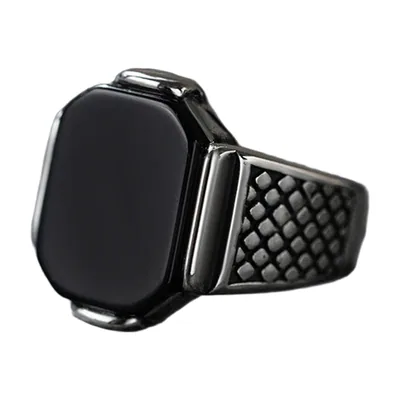 Anillo Sello Rectangular de Ónix con Motivo de Panal, Acero Inoxidable