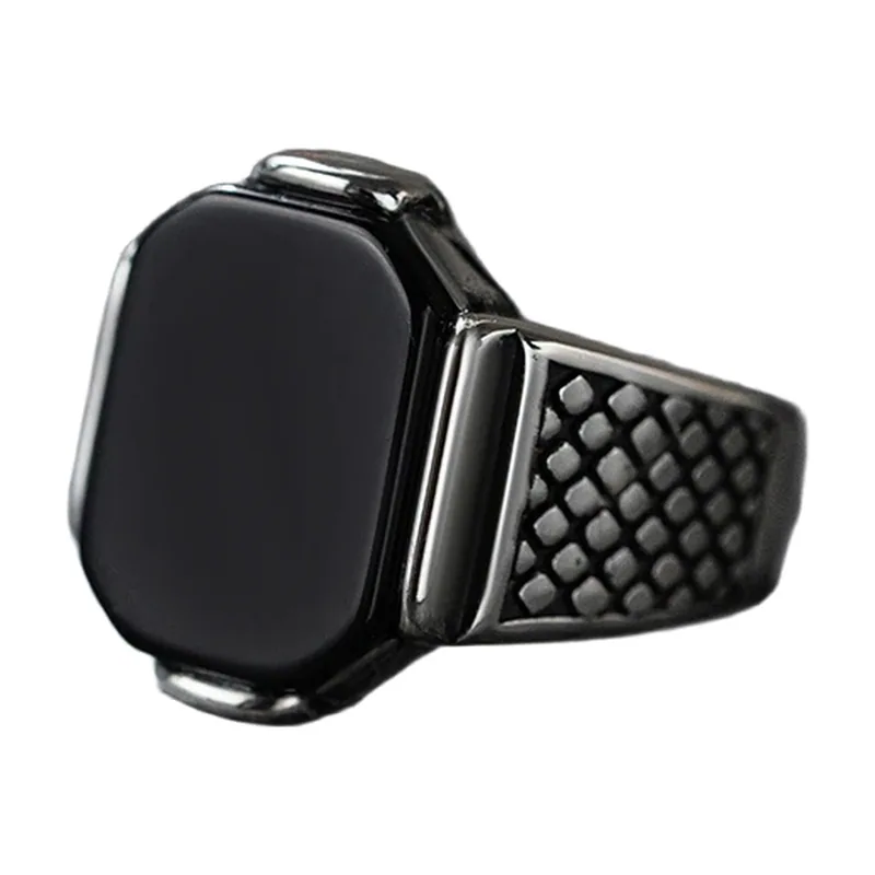 Anillo Sello Rectangular de Ónix con Motivo de Panal, Acero Inoxidable