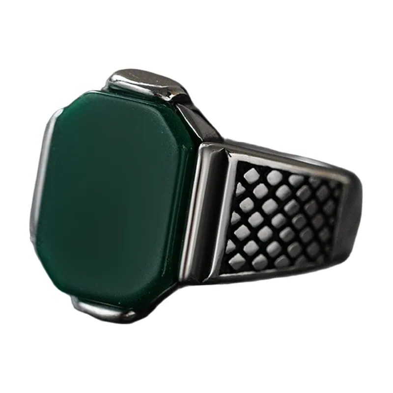Octagonal Green Stone Signet Ring with Grid Pattern, Stainless Steel
