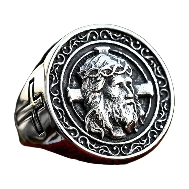 Chevalière Jésus-Christ et Croix, Acier Inoxydable