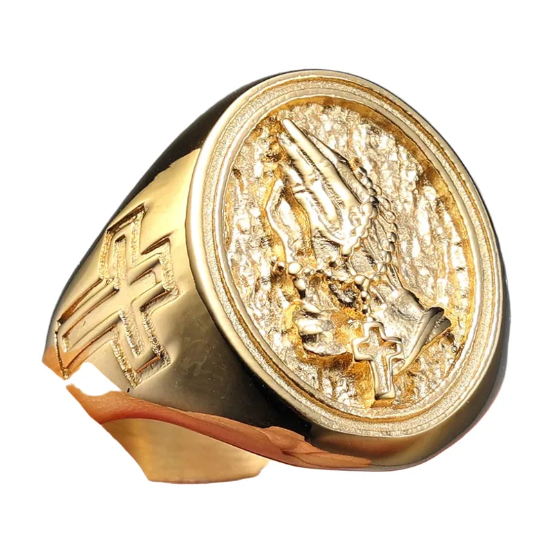 Anillo Sello de Manos Orando y Cruz, Acero Inoxidable