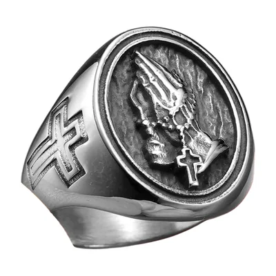 Anillo Sello Manos Rezando con Cruz, Acero Inoxidable 316L
