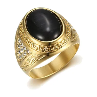 Anillo Sello con Piedra Negra y Motivo de Greca, Acero Dorado
