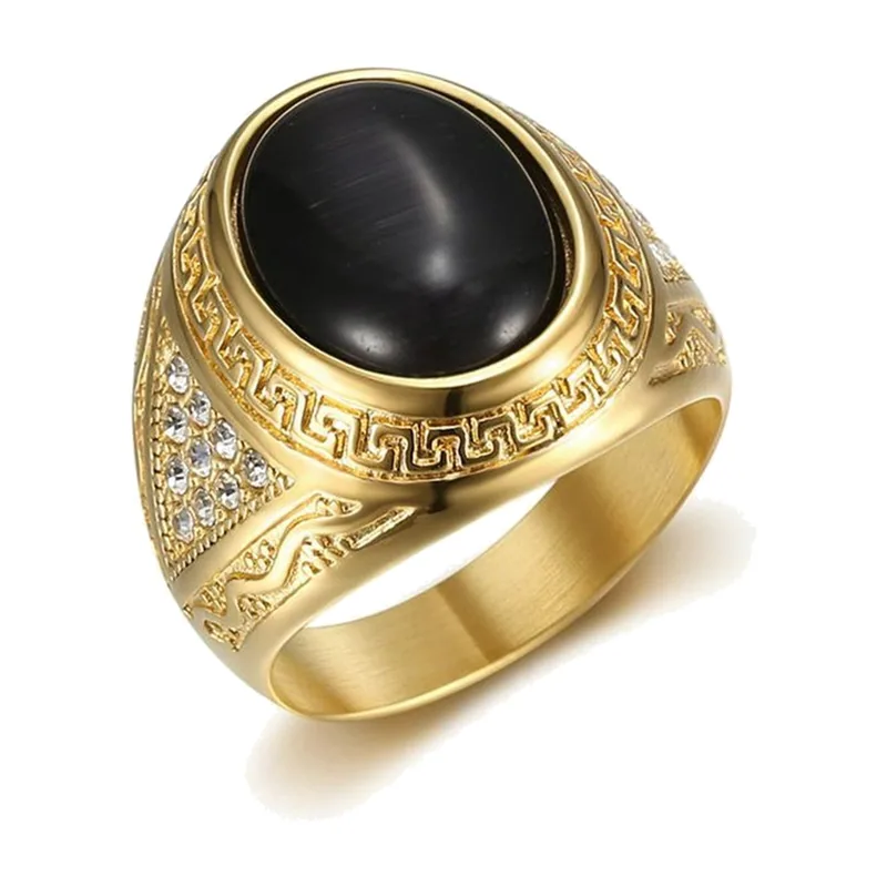 Herren Siegelring mit schwarzem Stein und Mäander-Muster, Goldfarben