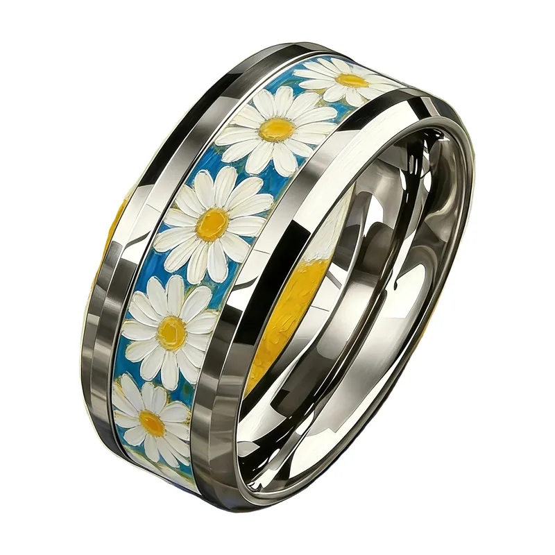 Sunflower Pattern Band Ring, 316L Stainless Steel