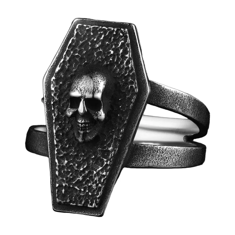 Anello Sigillo a Forma di Bara con Teschio, Acciaio Inossidabile