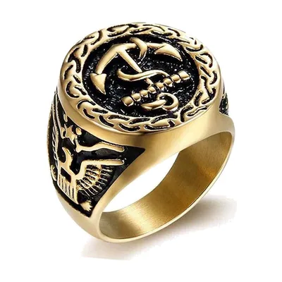Anillo Sello con Ancla y Águila, Acero Inoxidable Dorado