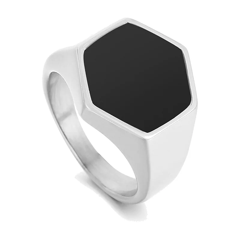 Hexagonal Signet Ring with Black Stone, Stainless Steel