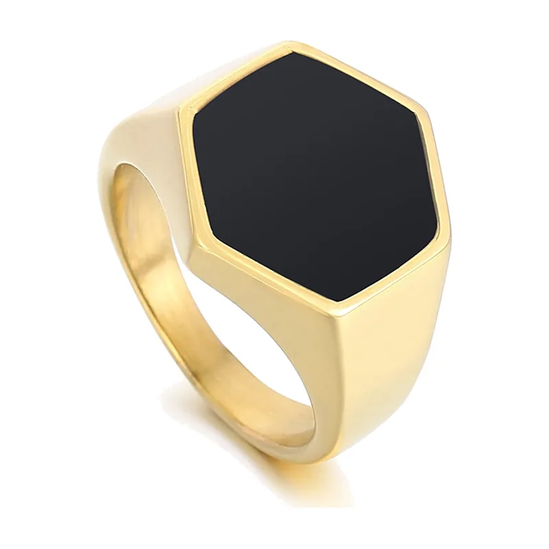 Hexagonal Signet Ring with Black Stone, Stainless Steel