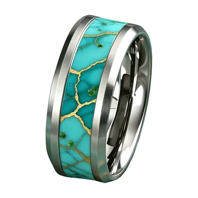 Anillo de Banda 8mm con Incrustación Marmolada Turquesa y Oro, Acero Inoxidable