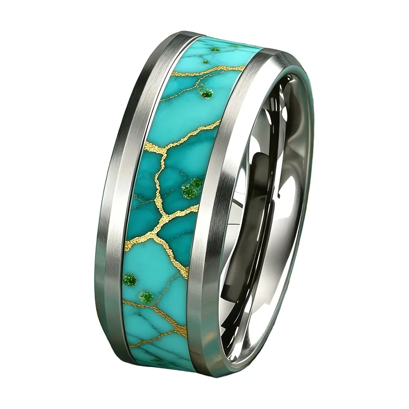 Bague 8mm avec Incrustation Marbrée Turquoise et Or, Acier Inoxydable
