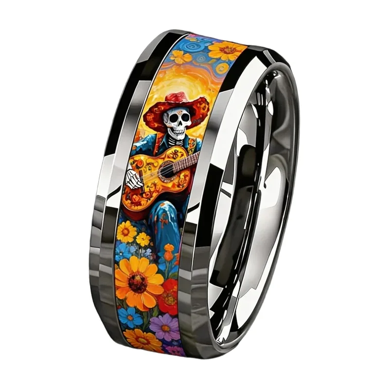 Anello Scheletro Chitarrista e Girasoli, Acciaio Inossidabile 316L