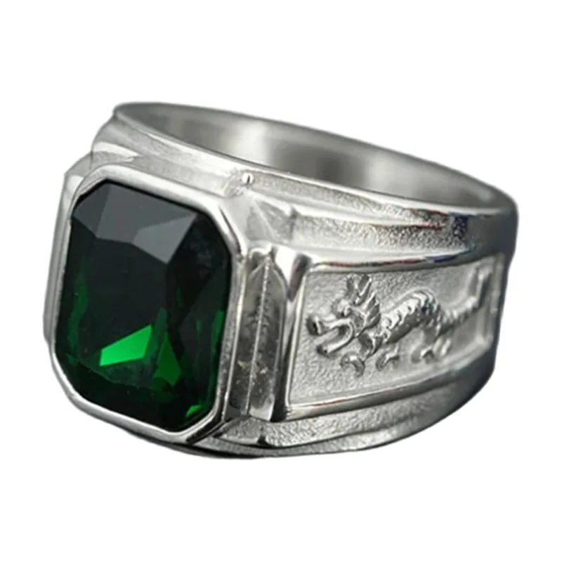 Anello Siginetto quadrato con pietra verde e motivo drago, acciaio inox