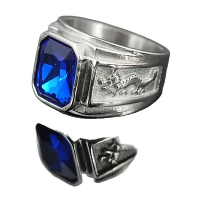 Anillo de sello cuadrado con piedra azul y motivo de dragón, acero inoxidable