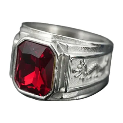 Anillo Sello Cuadrado de Dragón con Piedra Roja, Acero Inoxidable