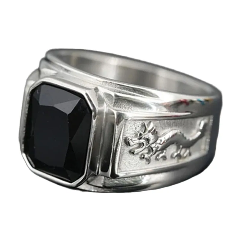 Chevalière Carrée au Dragon avec Zircone Noire, Acier Inoxydable