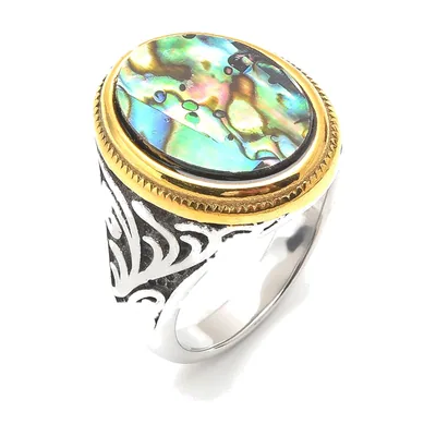 Anillo Sello con Piedra de Abalone, Acero Inoxidable