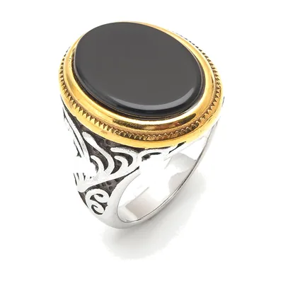 Anillo Sello con Ónix Negro y Arabescos, Acero Inoxidable