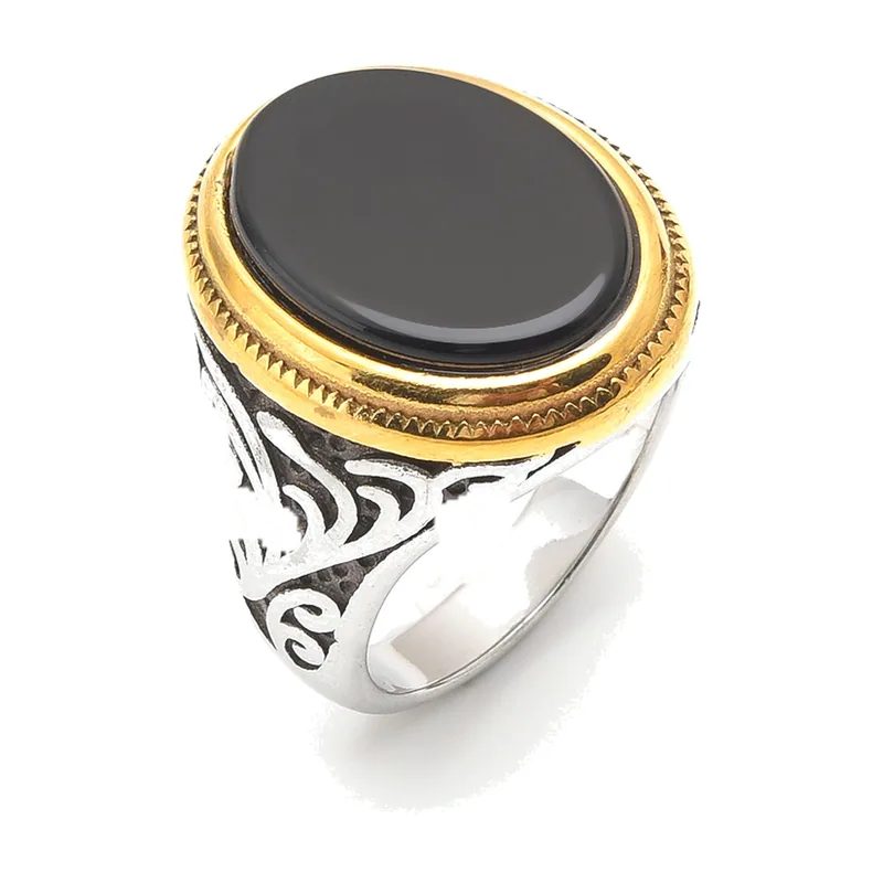 Signet Ring with Black Onyx and Scrollwork, Stainless Steel