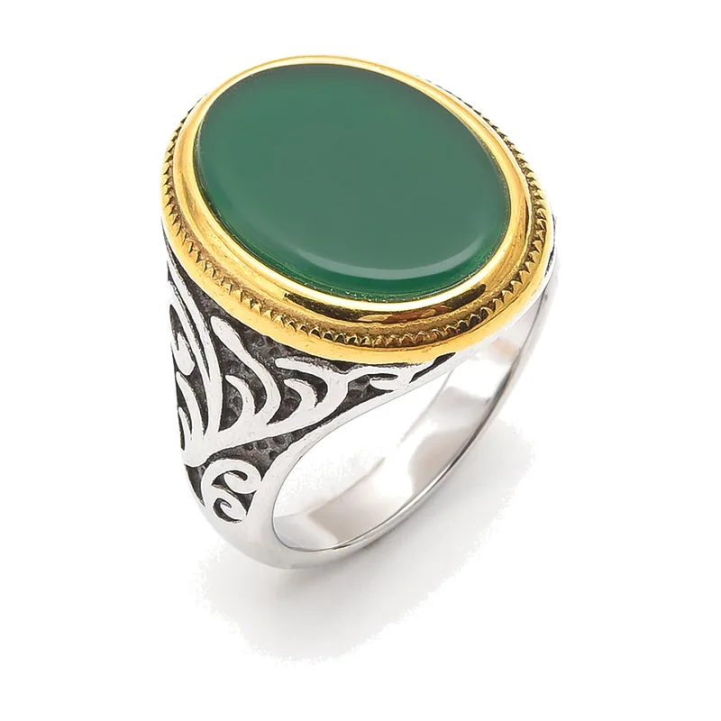 Bague Chevalière avec Onyx Vert, Acier Inoxydable