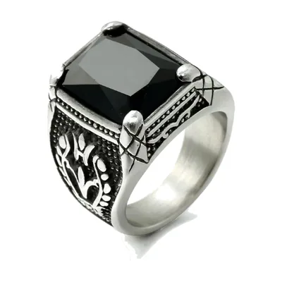 Anillo Sello Vintage de Tulipán con Piedra Negra, Acero Inoxidable