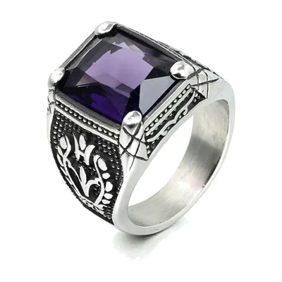 Anillo Sello de Tulipán con Piedra Púrpura, Acero Inoxidable