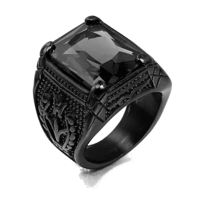 Anillo Sello con Grabado de Tulipán y Piedra Negra, Acero Inoxidable