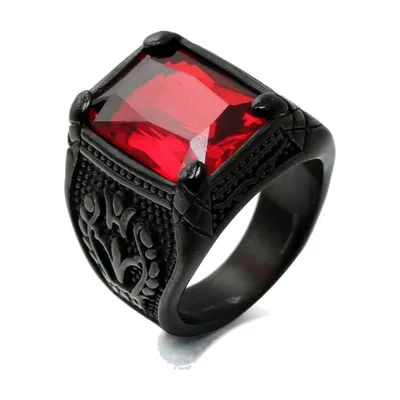 Anillo Sello Gótico con Motivo de Tulipán y Piedra Roja, Acero Inoxidable