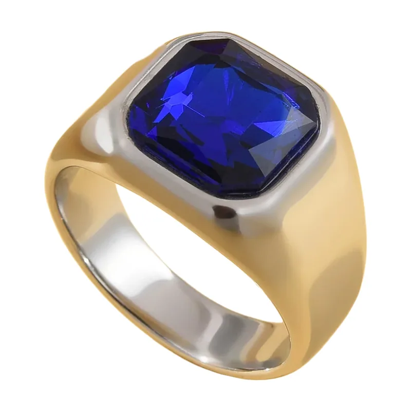 Square Signet Ring with Blue Onyx Stone, Stainless Steel