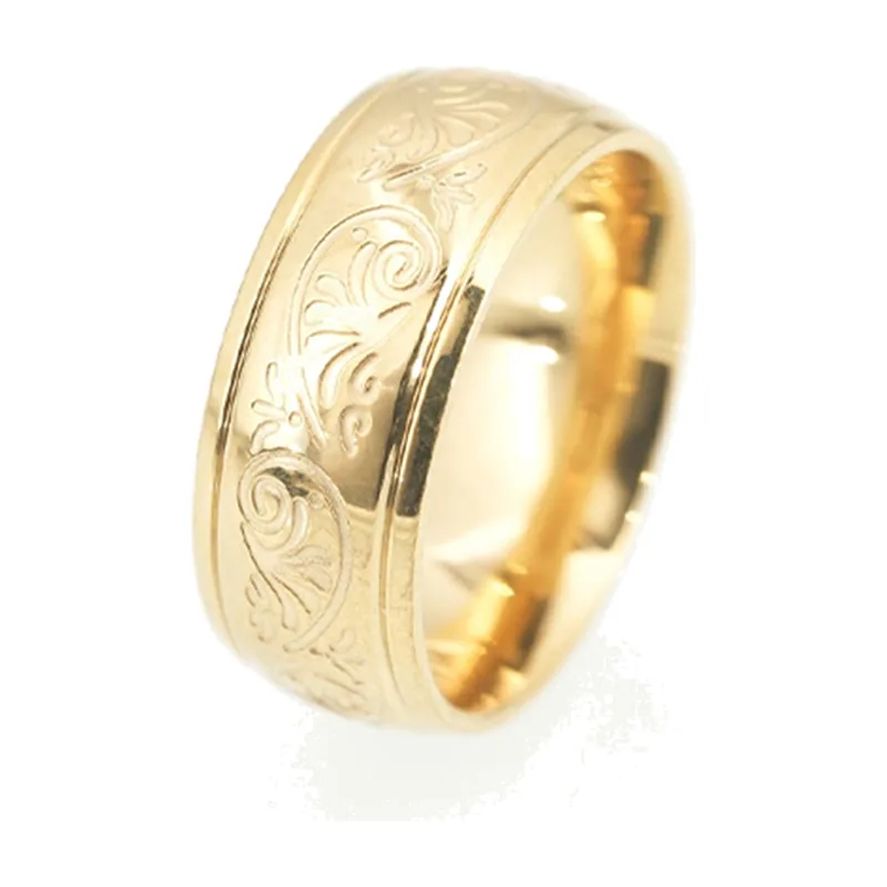 Floral Scroll Engraved Band Ring, 316L Stainless Steel