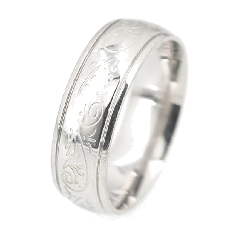 Gravierter Herrenring mit Floral-Scroll-Muster, Edelstahl