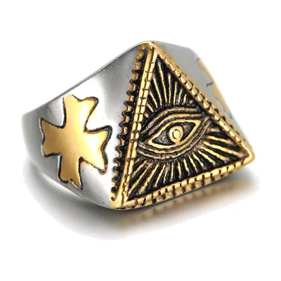 Anillo Sello del Ojo de la Providencia con Detalles Dorados, Acero Inoxidable