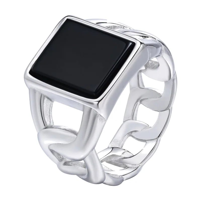 Square Signet Ring with Black Stone and Chain Link Band, Stainless Steel