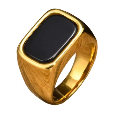 Anillo Sello Cuadrado con Piedra Negra, Acero Inoxidable