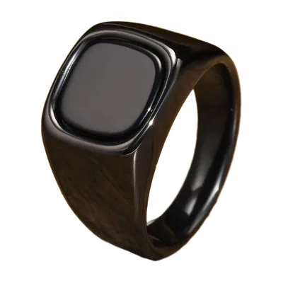 Anillo Sello Cuadrado con Piedra Negra, Acero Inoxidable