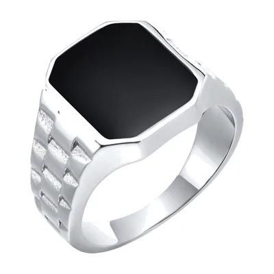 Anillo Sello Cuadrado con Piedra Negra, Acero Inoxidable