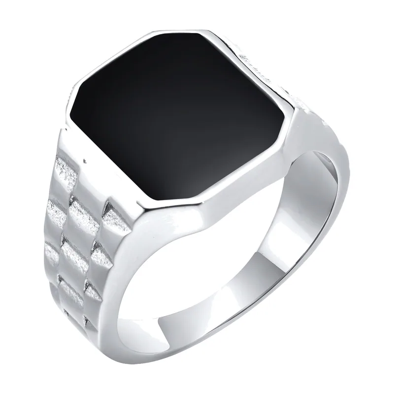 Square Signet Ring with Black Stone, Stainless Steel