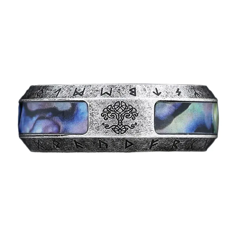 Anillo Yggdrasil Árbol de la Vida con Runas e Incrustaciones Azules, Acero Inoxidable