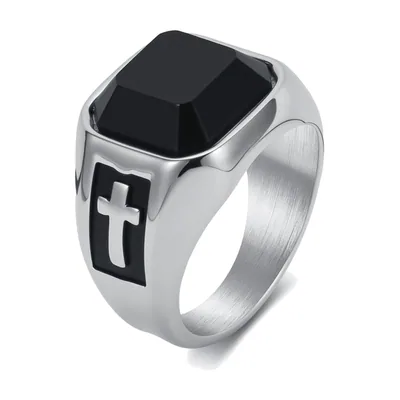 Anillo Sello Cuadrado con Piedra Negra y Cruz, Acero Inoxidable