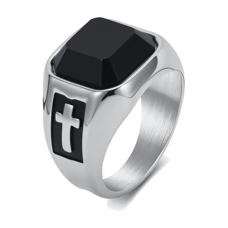 Square Signet Ring with Black Stone and Cross, Stainless Steel