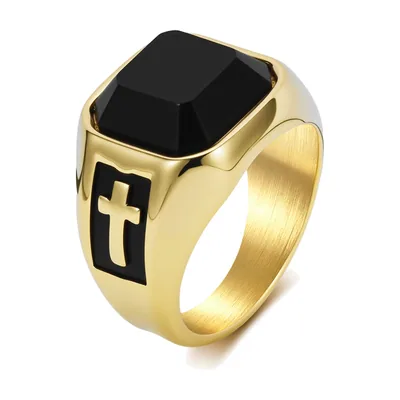 Anillo Sello con piedra negra y cruz, acero inoxidable