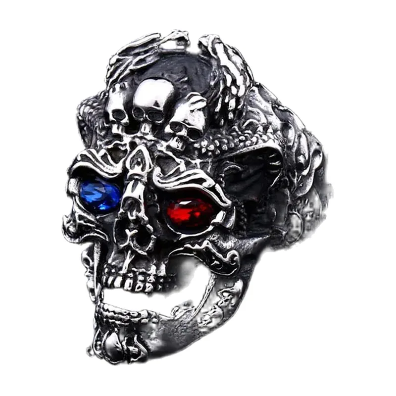 Anello a Teschio con Pietre Rosse e Blu, Acciaio Inossidabile
